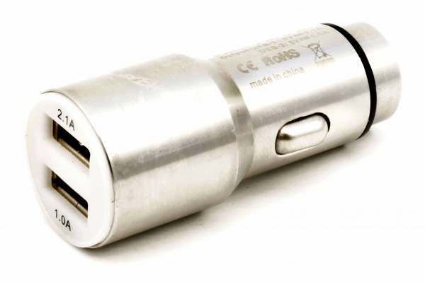 Автомобильное зарядное устройство 2 USB серебро, металл 2,1А/1А